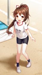 Rule 34 | 1girl, :d, aged down, bike shorts, black shorts, black socks, blush, brown eyes, brown hair, day, doukyuusei, doukyuusei another world, floating hair, full body, game cg, gym uniform, hair between eyes, hair ribbon, long hair, looking at viewer, official art, open mouth, outdoors, ponytail, red ribbon, ribbon, shirt, shoes, short shorts, short sleeves, shorts, smile, sneakers, socks, solo, standing, tanaka misa, very long hair, white footwear, white shirt