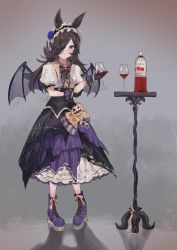 Rule 34 | 1girl, amano kokoko, animal ears, bat wings, black gloves, black hair, black hairband, blue flower, blue rose, blush, boots, bottle, bow, brooch, center frills, closed mouth, collared shirt, commentary request, cup, cupping glass, drinking glass, fang, fang out, flower, frilled hairband, frills, full body, gloves, grey wings, hair flower, hair ornament, hair over one eye, hairband, high heel boots, high heels, highres, holding, holding cup, horse ears, jewelry, juice, long hair, official alternate costume, platform boots, platform footwear, puffy short sleeves, puffy sleeves, purple footwear, purple skirt, red eyes, rice shower (make up vampire!) (umamusume), rice shower (umamusume), rose, shirt, short sleeves, skirt, smile, solo, standing, striped, striped bow, table, tomato juice, torn clothes, torn skirt, umamusume, very long hair, white shirt, wine glass, wings