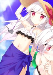 Rule 34 | 2girls, arm up, azur lane, bare arms, bare shoulders, bikini, blue sky, blush, bow, breasts, closed mouth, cloud, collarbone, commentary request, day, erebus (azur lane), eyes visible through hair, fingernails, groin, hair over one eye, hand on headwear, hat, hat bow, highres, long hair, medium breasts, multiple girls, navel, outdoors, red bow, red eyes, sarong, silver hair, sky, small breasts, stitches, straw hat, swimsuit, taira takehiro, terror (azur lane), very long hair, white bikini