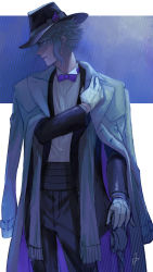 Rule 34 | 1boy, absurdres, azul ashengrotto, backlighting, black headwear, black pants, black suit, blue eyes, bow, bowtie, commentary request, feet out of frame, formal, frown, glasses, gloves, grey hair, grey jacket, highres, hrmr5, jacket, jacket on shoulders, looking to the side, male focus, mole, mole under mouth, pants, purple background, purple bow, purple bowtie, serious, shirt, short hair, sidelocks, signature, single sidelock, solo, suit, twisted wonderland, two-tone background, white background, white gloves, white shirt