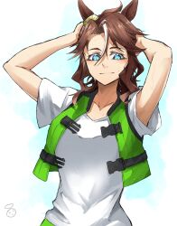 Rule 34 | 1girl, animal ears, arms up, blue eyes, blush, breasts, brown hair, closed mouth, commentary request, ear ornament, hair between eyes, highres, horse ears, horse girl, life vest, long hair, luna (gkluna mas), medium breasts, mejiro palmer (umamusume), multicolored hair, ponytail, shirt, short sleeves, simple background, smile, solo focus, streaked hair, umamusume, unbuckled, upper body, white background, white hair, white shirt