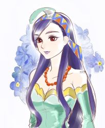 Rule 34 | 1girl, bare shoulders, bead necklace, beads, blue flower, breasts, chrono cross, cleavage, detached sleeves, dress, floral background, flower, gold trim, green dress, hair ornament, hairband, highres, jewelry, long hair, medium breasts, multicolored hairband, necklace, omochi daisuki, portrait, purple hair, purple lips, red eyes, riddel (chrono cross), sidelocks, snake hair ornament, solo, swept bangs, upper body, white background