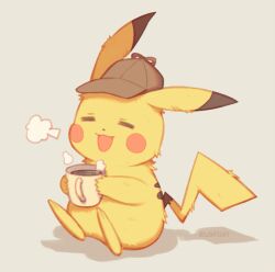 Rule 34 | :d, puff of air, brown headwear, closed eyes, clothed pokemon, coffee, commentary request, creatures (company), cup, detective pikachu, detective pikachu (character), game freak, gen 1 pokemon, grey background, hat, holding, holding cup, mug, nintendo, open mouth, pikachu, pokemon, sitting, smile, wusagi2