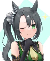 Rule 34 | 1girl, absurdres, animal ears, ascot, black gloves, black hair, blush, breasts, closed mouth, commentary request, doyagao, ear ornament, elbow gloves, gloves, green eyes, green shirt, hair between eyes, hair ornament, highres, horse ears, horse girl, jitsumuraakiho, blue background, long hair, looking at viewer, medium breasts, multicolored hair, one eye closed, satono crown (umamusume), shirt, side ponytail, simple background, sleeveless, sleeveless shirt, smug, solo, sparkle, streaked hair, two-tone background, umamusume, white background, white hair, yellow ascot