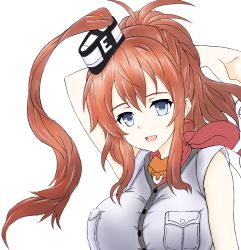 Rule 34 | 10s, 1girl, arm behind head, blue eyes, breast pocket, breasts, brown hair, buttons, contrail k, grey eyes, hair between eyes, hair ornament, highres, impossible clothes, kantai collection, large breasts, long hair, looking at viewer, neckerchief, open mouth, pocket, ponytail, red neckerchief, saratoga (kancolle), side ponytail, sidelocks, smile, solo