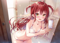 Rule 34 | 1girl, ahoge, bare arms, bare shoulders, blush, bow, bow bra, bow panties, bra, breasts, brown eyes, cellphone, cleavage, collarbone, commentary request, earrings, fingernails, floral print, hair between eyes, heart, heart necklace, highres, holding, holding phone, indoors, jewelry, leaning forward, long hair, looking at viewer, navel, necklace, nose blush, open mouth, original, panties, phone, pointing, print bra, print panties, red hair, reflection, small breasts, solo, sousouman, stud earrings, two side up, underwear, underwear only, very long hair, white bra, white panties