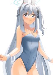 Rule 34 | 1girl, asuteru, bad id, bad pixiv id, black bow, blue archive, blue leotard, blush, bow, breasts, cleavage, collarbone, covered navel, cowboy shot, fake tail, floating hair, grey eyes, grey hair, grey hairband, hair between eyes, hair bow, hairband, highleg, highleg leotard, highres, leotard, long hair, looking at viewer, miyako (blue archive), parted lips, playboy bunny, rabbit tail, side ponytail, simple background, small breasts, solo, standing, strapless, strapless leotard, tail, very long hair, white background, wrist cuffs
