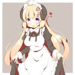 Rule 34 | 1girl, ahoge, alternate costume, apron, blonde hair, blue eyes, blush, breasts, clothes lift, curtsey, dress, dress lift, enmaided, frilled apron, frills, futatsukiaiji, hair ornament, hairclip, heart, highres, hololive, horns, long hair, long sleeves, looking at viewer, maid, maid apron, maid headdress, medium breasts, open mouth, simple background, solo, tsunomaki watame, virtual youtuber