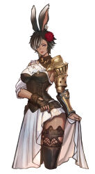 Rule 34 | 1girl, animal ears, armpits, black hair, black thighhighs, blue eyes, breasts, closed mouth, clothes lift, cropped legs, dark-skinned female, dark skin, earrings, feet out of frame, final fantasy, final fantasy xiv, fingerless gloves, flower, gauntlets, gloves, hair flower, hair ornament, hair over one eye, highres, jewelry, large breasts, lifting own clothes, lipstick, long skirt, looking at viewer, makeup, mole, mole under eye, multicolored hair, necklace, rabbit ears, red flower, ring, short hair, simple background, single earring, single gauntlet, skirt, skirt lift, sleeves rolled up, solo, streaked hair, thighhighs, udongo99, viera, warrior of light (ff14), white background, white hair