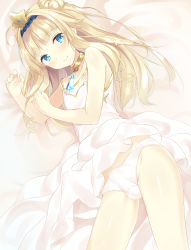 Rule 34 | 1boy, aither (epic seven), bed, blonde hair, blue eyes, bulge, crown, epic seven, erection, erection under clothes, highres, long hair, looking at viewer, male focus, minatsuki kou, penis, smile, solo, trap
