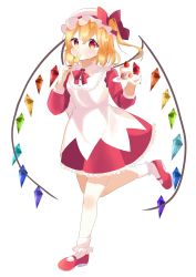 Rule 34 | 1girl, absurdres, adapted costume, apron, artist request, back bow, berry, blonde hair, blush, bow, bowtie, breasts, buttons, cake, closed mouth, collared dress, commentary request, crystal, dress, eyelashes, eyes visible through hair, flandre scarlet, food, fork, frills, fruit, full body, grey bow, hair between eyes, hands up, hat, hat bow, hat ribbon, highres, holding, jewelry, leg up, long sleeves, looking to the side, mary janes, medium breasts, mob cap, multicolored wings, one side up, pink footwear, plate, puffy sleeves, red bow, red bowtie, red dress, red eyes, red footwear, red ribbon, red skirt, ribbon, running, shoes, short hair, simple background, skirt, socks, solo, standing, strawberry, touhou, white apron, white background, white hat, white socks, wings