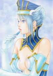 Rule 34 | 10s, 1girl, bad id, bad pixiv id, bare shoulders, blue eyes, blue hair, blue rose (tiger &amp; bunny), blue theme, breasts, cleavage, colored pencil (medium), corrupted metadata, cosmetics, earrings, elbow gloves, gloves, hat, jewelry, juliejulie, karina lyle, lipstick, lipstick tube, makeup, marker (medium), matching hair/eyes, medium breasts, see-through, short hair, solo, superhero costume, tiger &amp; bunny, traditional media