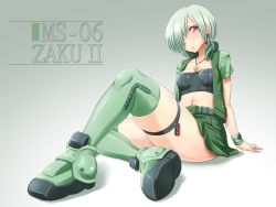 Rule 34 | 1girl, arm support, boots, breasts, character name, crop top, earrings, green hair, gundam, hair over one eye, jewelry, mecha musume, midriff, mobile suit gundam, navel, necklace, personification, red eyes, shikuta maru, short hair, sitting, solo, thigh boots, thighhighs, vest, zaku, zaku ii