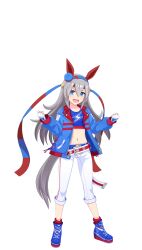 Rule 34 | 1girl, animal ears, bad link, belt, blue belt, blue eyes, blue footwear, blue hairband, blue jacket, capri pants, clenched hands, crop top, cross-laced footwear, ear covers, fang, fingerless gloves, full body, game model, gloves, grey hair, grey tail, hairband, highres, horse ears, horse girl, horse tail, jacket, lightning bolt symbol, long hair, looking at viewer, midriff, multicolored hairband, navel, official art, open clothes, open jacket, open mouth, pants, red belt, revision, shoes, simple background, smile, sneakers, solo, standing, tachi-e, tail, tamamo cross (umamusume), transparent background, umamusume, white gloves, white pants