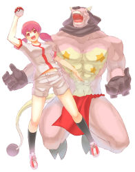 Rule 34 | 1boy, 1girl, black socks, blouse, breasts, colored skin, creatures (company), full body, furry, furry male, game freak, gen 2 pokemon, gym leader, hooves, horns, kneehighs, loincloth, manly, medium breasts, miltank, muscular, navel, nintendo, open mouth, pasties, pink eyes, pink hair, poke ball, poke ball (basic), pokemon, pokemon (creature), pokemon tail, red eyes, shirt, short shorts, short twintails, shorts, simple background, socks, star (symbol), tail, teeth, third-party source, topless male, twintails, v-shaped eyebrows, white background, white shirt, whitney (pokemon)