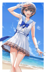 Rule 34 | 1girl, :d, arm up, armband, beach, black eyes, black hair, blue armband, blue bow, blue bowtie, blue sailor collar, blue sky, blurry, blurry background, blush, bow, bowtie, breasts, cloud, collarbone, day, dot nose, dress, dress bow, frilled dress, frills, grey eyes, grey hair, highres, horizon, idolmaster, idolmaster cinderella girls, idolmaster cinderella girls starlight stage, looking at viewer, nigou, ocean, open mouth, otokura yuuki, outdoors, pigeon-toed, pleated skirt, sailor collar, salute, see-through, see-through sleeves, short hair, short sleeves, skirt, sky, small breasts, smile, solo, standing, striped bow, striped bowtie, striped clothes, white dress