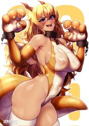 Rule 34 | 1girl, artist name, blonde hair, breasts, broken, broken chain, chain, chinese zodiac, collar, covered erect nipples, covered navel, cowboy shot, cuffs, dragon girl, dragon horns, dragon tail, dragon wings, elbow gloves, fangs, gloves, hair between eyes, highres, horns, large breasts, leotard, long hair, metal collar, open mouth, patreon username, phloxberry, purple eyes, rwby, shackles, skindentation, solo, tail, teeth, thighhighs, tongue, watermark, wings, yang xiao long, year of the dragon