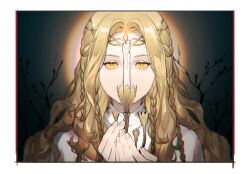 Rule 34 | 1boy, blonde hair, braid, bright pupils, btraven, candle, candlestand, circlet, cropped torso, dress, elden ring, highres, long hair, looking at viewer, miquella (elden ring), multiple braids, open mouth, sketch, trap, wavy hair, white dress, white pupils, yellow eyes