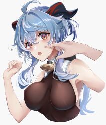 Rule 34 | 1girl, 1other, :o, ahoge, bare arms, bare shoulders, blue hair, bodystocking, breasts, commentary, cropped torso, disembodied limb, ganyu (genshin impact), genshin impact, grey background, hand up, highres, horns, kmes niku, large breasts, long hair, looking at viewer, open mouth, orange eyes, simple background, solo focus, upper body
