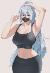 Rule 34 | 1girl, absurdres, ak-12 (girls&#039; frontline), arm up, armpits, bare arms, bare shoulders, black pants, breasts, cleavage, commentary, cowboy shot, crop top, girls&#039; frontline, grey background, grey hair, hair between eyes, hand up, highres, large breasts, leggings, long hair, looking at viewer, mask, midriff, mouth mask, navel, pants, ponytail, purple eyes, revision, simple background, solo, sports bra, standing, stomach, very long hair, xllam