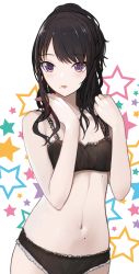 Rule 34 | 1girl, bare arms, bare shoulders, black bra, black hair, black panties, blush, bra, breasts, cowboy shot, frilled panties, frills, hands on own chest, hands up, highres, idolmaster, idolmaster shiny colors, kazano hiori, lace, lace-trimmed bra, lace-trimmed panties, lace trim, long hair, looking at viewer, mole, mole on body, mole on stomach, mole under mouth, navel, no nose, open mouth, panties, ponytail, pupps, purple eyes, small breasts, solo, star (symbol), starry background, stomach, swept bangs, underwear, underwear only, veins, veiny hands