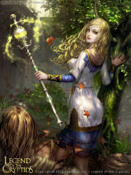 Rule 34 | 1girl, baby, blonde hair, circlet, dated, fairy, green eyes, leaf, legend of the cryptids, long hair, official art, shadowgrave, skirt, solo focus, staff, torn clothes, tree