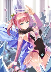 Rule 34 | 1girl, arm up, blue eyes, bridal gauntlets, cross, detached sleeves, hair ornament, leotard, looking at viewer, pink hair, selenoring, solo, souseiki aster gate, string, thighhighs, twintails