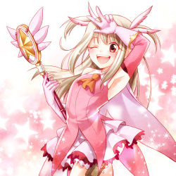 Rule 34 | 1girl, ;d, armpits, elbow gloves, fate/kaleid liner prisma illya, fate (series), feather hair ornament, feathers, gloves, feather hair ornament, illyasviel von einzbern, jin akhr, kaleidostick, long hair, magical girl, one eye closed, open mouth, prisma illya, red eyes, smile, solo, thighhighs, two side up, v, wand, white hair, wink