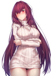 Rule 34 | 1girl, absurdres, black panties, blush, breasts, check commentary, closed mouth, commentary, commentary request, crossed arms, fate/grand order, fate (series), hair between eyes, highres, large breasts, long hair, long sleeves, looking at viewer, lun7732, panties, pantyshot, purple hair, red eyes, ribbed sweater, scathach (fate), simple background, solo, standing, sweater, thighs, turtleneck, turtleneck sweater, underwear, white background, white sweater