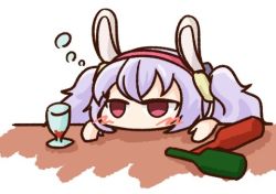 Rule 34 | 1girl, aka shiba, animal ears, azur lane, blush, bottle, commentary request, cup, drinking glass, drunk, face, fake animal ears, glass bottle, hairband, head on table, laffey (azur lane), long hair, looking ahead, lowres, no mouth, no nose, purple hair, rabbit ears, red eyes, solo, twintails, wine glass
