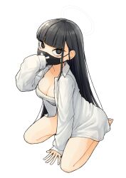 Rule 34 | 1girl, 28 (282teeth), absurdres, alternate costume, arm support, bare legs, barefoot, black eyes, black hair, black mask, blue archive, blunt bangs, breasts, chest sarashi, cleavage, collarbone, highres, kneeling, large breasts, long hair, looking at viewer, mask, mouth mask, sarashi, simple background, solo, straight hair, sukeban (smg) (blue archive), toes, very long hair, white background, x