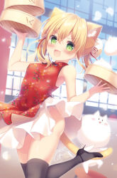 Rule 34 | 1girl, :3, :d, amamine, animal, animal ears, bamboo steamer, baozi, bare arms, bare shoulders, black footwear, black thighhighs, blonde hair, blush, breasts, bun cover, cat, cat ears, cat girl, cat tail, china dress, chinese clothes, commentary request, double bun, dress, food, hair between eyes, hair bun, high heels, holding, long hair, open mouth, original, pleated skirt, red dress, shoes, side bun, signature, skirt, sleeveless, sleeveless dress, small breasts, smile, solo, standing, standing on one leg, tail, thighhighs, twintails, v-shaped eyebrows, white skirt, window