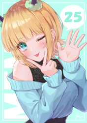 Rule 34 | 1girl, bare shoulders, blonde hair, blue eyes, blue sweater, blush, commentary request, demon horns, fake horns, horns, ichijo kazuya, long sleeves, looking at viewer, medium hair, mem-cho, multicolored hair, off-shoulder sweater, off shoulder, one eye closed, oshi no ko, partial commentary, roots (hair), sidelocks, solo, sweatdrop, sweater, tongue, tongue out, v, v over mouth, waving