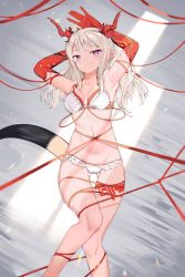 Rule 34 | 1girl, arknights, bandeau, bikini, bluerabbit gap, bra, breasts, cleavage, dragon horns, female focus, half updo, horns, legs, looking at viewer, md5 mismatch, midriff, multicolored hair, nian (arknights), pointy ears, purple eyes, red bandeau, resolution mismatch, smile, smug, solo, source larger, strapless, strapless bikini, streaked hair, swimsuit, tail raised, underwear, wrapped up, wrapping