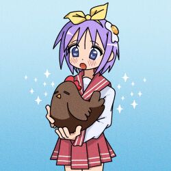 Rule 34 | 1girl, absurdres, animal, bird, blue background, blue eyes, blush, chicken, commentary, cowboy shot, cryptidhermit, egg hair ornament, english commentary, food-themed hair ornament, gradient background, hair ornament, hairband, highres, hiiragi tsukasa, holding, holding animal, long sleeves, lucky star, pleated skirt, purple hair, red sailor collar, red skirt, sailor collar, school uniform, short hair, skirt, solo, sparkle, yellow hairband