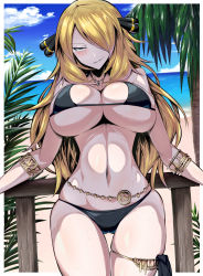 Rule 34 | 1girl, beach, belly chain, bikini, black bikini, black eyes, blonde hair, blue sky, blush, bracelet, breasts, cleavage, cloud, creatures (company), cynthia (pokemon), day, game freak, gold bracelet, hair over one eye, highres, jewelry, large breasts, long hair, looking at viewer, naughty face, necklace, nintendo, palm tree, pokemon, pokemon dppt, railing, shade, shimure (460), sky, smile, smirk, solo, summer, swimsuit, thighlet, tree