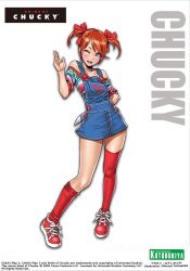 Rule 34 | 1girl, artist name, bare shoulders, blue eyes, blush, child&#039;s play, chucky, flat chest, freckles, full body, genderswap, genderswap (mtf), hair ribbon, highres, knife, kotobukiya, looking at viewer, open mouth, orange hair, overalls, ribbon, shoes, short hair, short twintails, skirt, smile, sneakers, socks, solo, thighhighs, twintails, yamashita shun&#039;ya