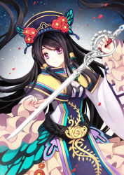 Rule 34 | 1girl, black hair, butterfly ornament, chinese clothes, dan fei, dress, frilled sleeves, frills, hair tubes, hat, highres, long hair, long sleeves, purple eyes, smile, sword, thunderbolt fantasy, weapon, xunling