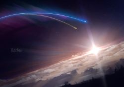 Rule 34 | above clouds, advarcher, cloud, copyright name, grass, highres, kimi no na wa., night, night sky, no humans, outdoors, scenery, shooting star, sky, star (sky), starry sky, sunrise