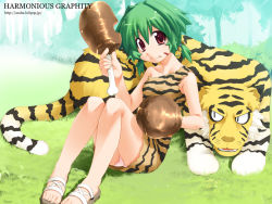 Rule 34 | 1girl, animal costume, animal print, asaba, bare legs, boned meat, breasts, caveman, cavewoman, dress, food, grass, green hair, looking at viewer, low twintails, meat, on floor, on grass, outdoors, panties, pantyshot, sandals, short dress, short hair, sitting, small breasts, solo, tiger, tiger costume, tiger print, twintails, underwear, white panties