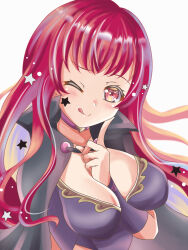 Rule 34 | 1girl, black cape, blush, bodysuit, breasts, cape, choker, cleavage, facial mark, fire emblem, fire emblem engage, hair ornament, long hair, looking at viewer, medium breasts, nintendo, one eye closed, pink choker, purple bodysuit, red eyes, red hair, rein rise, smile, solo, star (symbol), star facial mark, star hair ornament, tongue, tongue out, yunaka (fire emblem)