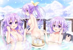 Rule 34 | 4girls, adult neptune, ass, bathing, black hair, bow, breasts, bucket, convenient censoring, closed eyes, giga-tera, hair bow, hair ornament, long hair, medium breasts, mountain, multiple girls, nepgear, neptune (neptunia), neptune (series), noire (neptunia), onsen, open mouth, outdoors, purple eyes, purple hair, shin jigen game neptune vii, short hair, small breasts, smile, snow, snowing, towel, towel on head, wet