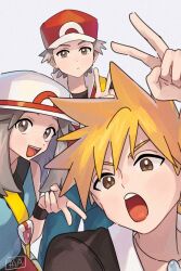 Rule 34 | 1girl, 2boys, absurdres, arm up, bag, blonde hair, blue oak, brown eyes, brown hair, closed mouth, commentary, creatures (company), game freak, green shirt, grey asa, hat, highres, jacket, jewelry, leaf (pokemon), multiple boys, necklace, nintendo, open mouth, pokemon, pokemon frlg, pokemon hgss, red (pokemon), red headwear, red skirt, shirt, short hair, shoulder bag, signature, skirt, sleeveless, sleeveless shirt, spiked hair, symbol-only commentary, teeth, upper teeth only, v, vs seeker, white background, white headwear, wristband, yellow bag