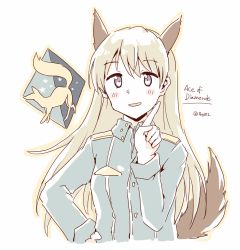 Rule 34 | 1girl, animal ears, any (lucky denver mint), blonde hair, blush, eila ilmatar juutilainen, fox, fox ears, fox tail, hand on own hip, long hair, long sleeves, military, military uniform, open mouth, pointing, purple eyes, smile, solo, star (symbol), strike witches, tail, twitter username, uniform, world witches series