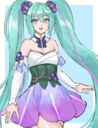 Rule 34 | 1girl, :d, aqua eyes, aqua hair, commentary request, cowboy shot, detached sleeves, dress, flower, hair flower, hair ornament, hatsune miku, hatsune miku (noodle stopper), hazuki (nyorosuke), highres, japanese clothes, long hair, long sleeves, looking at viewer, morning glory, multicolored hair, open mouth, purple dress, purple flower, purple hair, smile, solo, standing, strapless, strapless dress, strapless kimono, streaked hair, twintails, two-tone dress, very long hair, vocaloid, white dress
