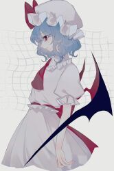 Rule 34 | 1girl, absurdres, ascot, bat wings, black wings, blue hair, bow, closed mouth, commentary request, cropped legs, frilled sleeves, frills, from side, hat, hat bow, highres, katai (nekoneko0720), mob cap, profile, puffy short sleeves, puffy sleeves, red ascot, red bow, red eyes, red wings, remilia scarlet, shirt, short hair, short sleeves, skirt, solo, touhou, two-tone wings, white hat, white shirt, white skirt, wings