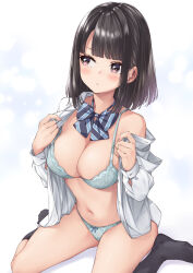Rule 34 | 1girl, black hair, black socks, blunt bangs, blush, bow, bow panties, bowtie, bra, breasts, brown eyes, cleavage, commentary request, frown, hands up, highres, holding, long sleeves, looking at viewer, looking to the side, medium breasts, medium hair, no pants, no shoes, off shoulder, open clothes, open shirt, original, panties, school uniform, shirt, sidelocks, single bare shoulder, sitting, socks, solo, striped bow, striped bowtie, striped clothes, thighs, underwear, undressing, wariza, white background, white bra, white panties, white shirt, wing (aiastor)