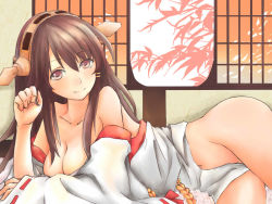 Rule 34 | 10s, 1girl, badariki, breasts, brown hair, cleavage, hairband, haruna (kancolle), japanese clothes, kantai collection, long hair, looking at viewer, lying, navel, no panties, nontraditional miko, off shoulder, partially undressed, personification, red eyes, smile, solo