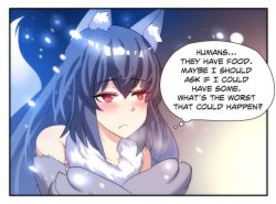 Rule 34 | animal ear fluff, animal ears, animal hands, bare shoulders, black border, blush, border, cold, english text, fang, fur collar, grey hair, hair between eyes, hinghoi, long hair, monster girl, open mouth, original, red eyes, snowing, solo, tail, thought bubble, wolf ears, wolf girl, wolf tail