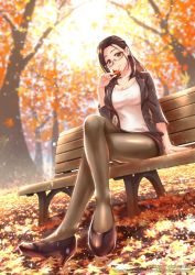 Rule 34 | 1girl, autumn leaves, bench, breasts, brown eyes, brown hair, crossed legs, day, earrings, forehead, formal, full body, glasses, high heels, holding, holding leaf, jacket, jewelry, large breasts, leaf, long hair, looking at viewer, miru tights, okuzumi yuiko, outdoors, pantyhose, parted lips, pencil skirt, semi-rimless eyewear, shingo (picturepuzzle), shirt, sitting, skirt, smile, solo, teacher, tights day, white shirt